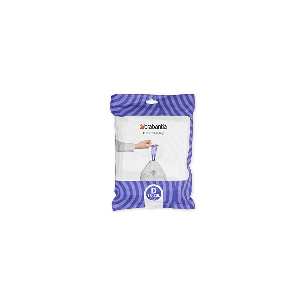 Brabantia PerfectFit Bin Liners (Size D/15-20 Litre) Thick Plastic Trash Bags with Tie Tape Drawstring Handles (40 Bags)