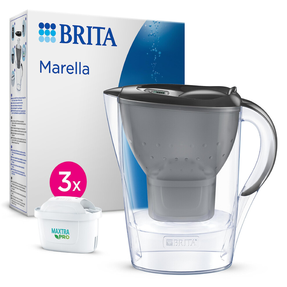 BRITA Marella Water Filter Jug Graphite (2.4L) Starter Pack incl. 3x MAXTRA PRO with digital LTI and Flip-Lid - now in sustainable Smart Box packaging