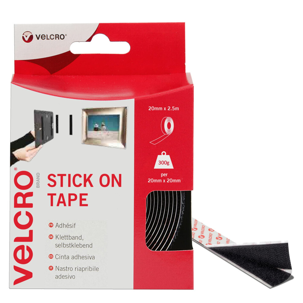 Velcro Brand Stick On Hook And Loop Tape Self Roll 20Mm X Strong And Secure Adhesive Strips. Perfect Home, Office And Garage Fasteners Solution Black
