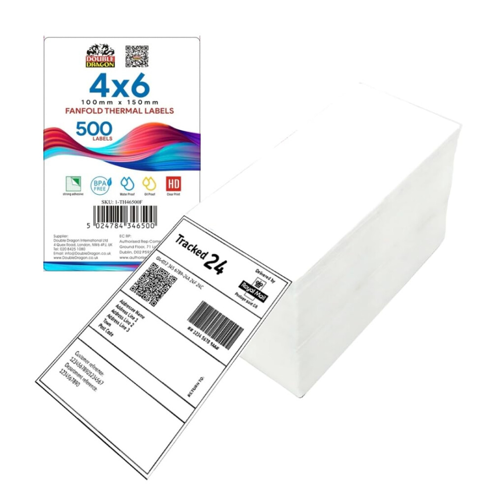 Double Dragon 100 X 150 Mm (4" X 6"), 500 Fanfold Labels Premium Compatible With Zebra, Munbyn, Rollo, Tsc, Toshiba, Citizen Label Printers (1 Stack)