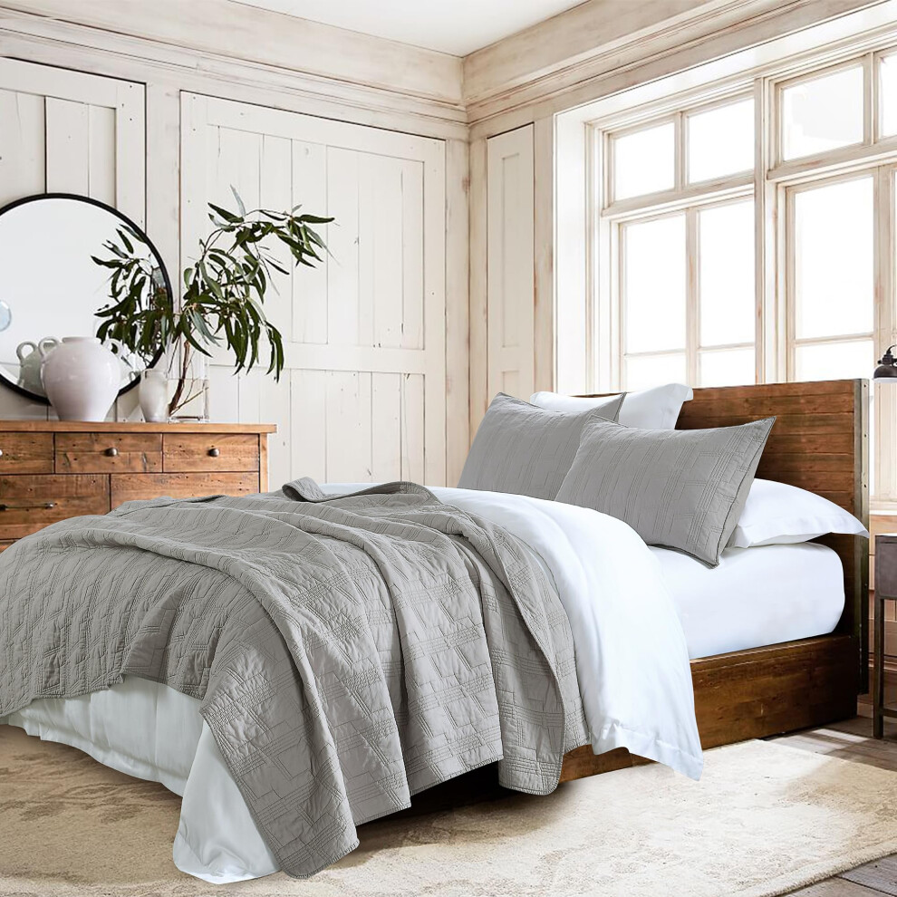 HORIMOTE HOME 100% Cotton Quilt Set Queen Size Grey Pre-Washed 3 Piece Bedspread Coverlet Set Cozy Lightweight Stitching Decorative Bedding Cover wi