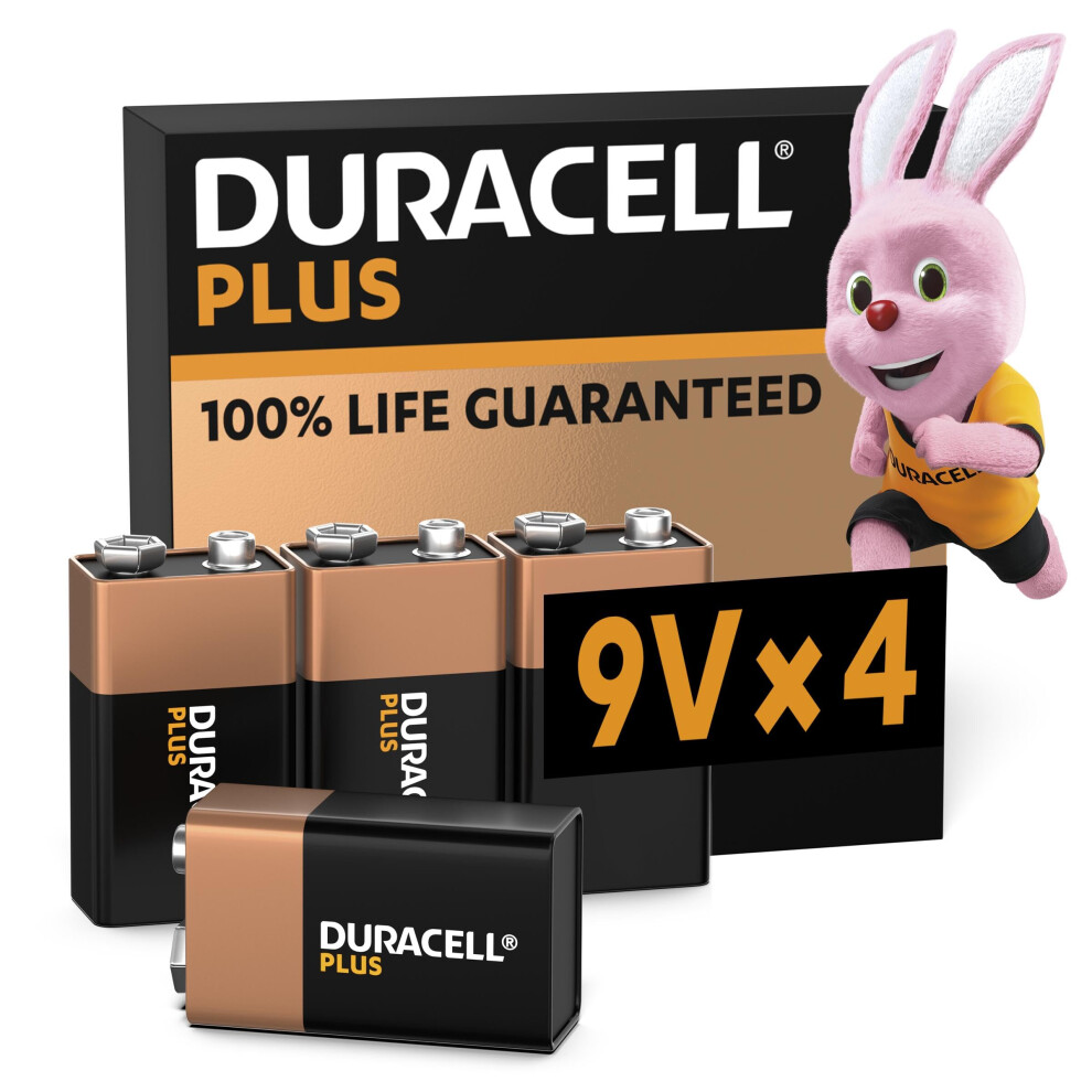 Duracell Plus 9V Batteries (4 Pack) - Alkaline - 100% Life Guaranteed - Reliability For Everyday 0% Plastic Packaging - 5-Year Storage - 6LR61 MN1604