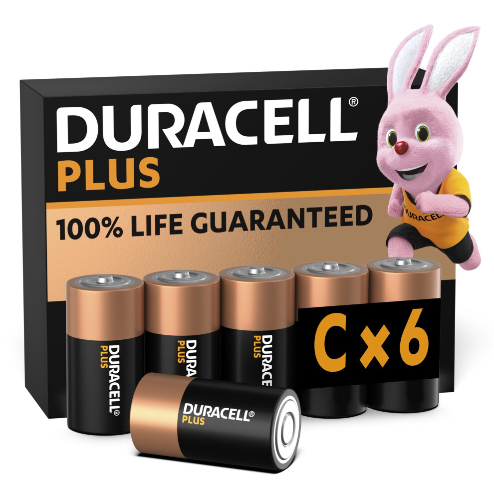 Duracell Plus C Batteries (6 Pack) - Alkaline 1.5V - 100% Life Guaranteed - Reliability For Devices - 0% Plastic Packaging - 10-Year Storage - MN1400