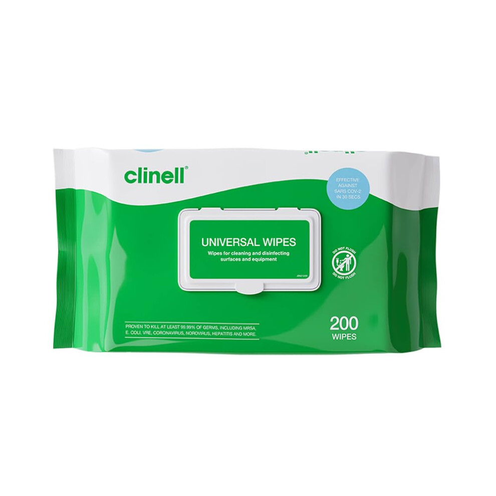 Clinell Universal Cleaning and Disinfectant Wipes for Surfaces - Pack of 200 Wipes - Multi Wipes, Kills 99.99% of Germs, Quick Action - 275mm x 200mm