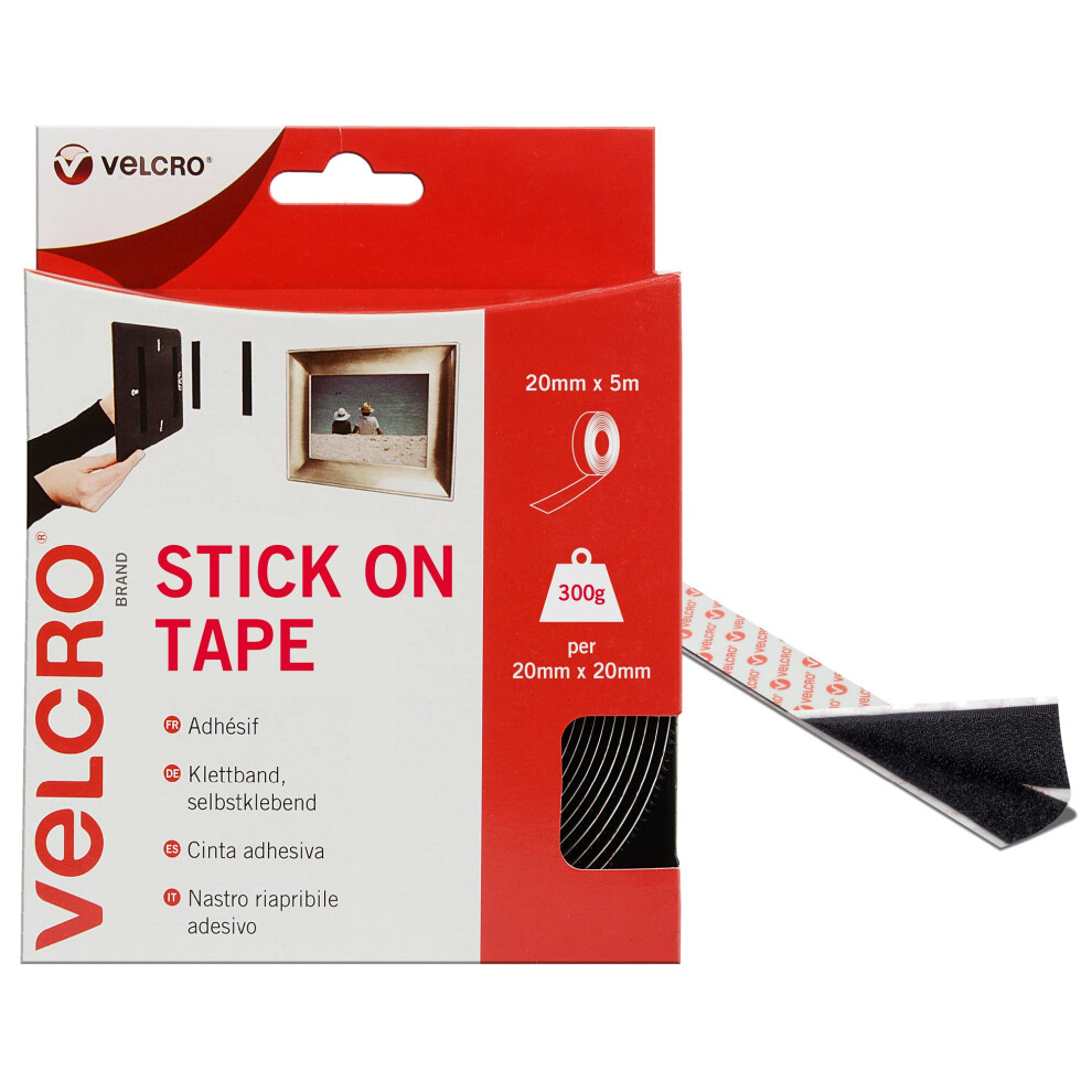 Velcro Brand | Stick On Tape | Cut-To-Length Strong Hook & Loop Self Adhesive Sticky Tape Room Décor & Home, Office, Garage Use | | 20Mm X 5M Black