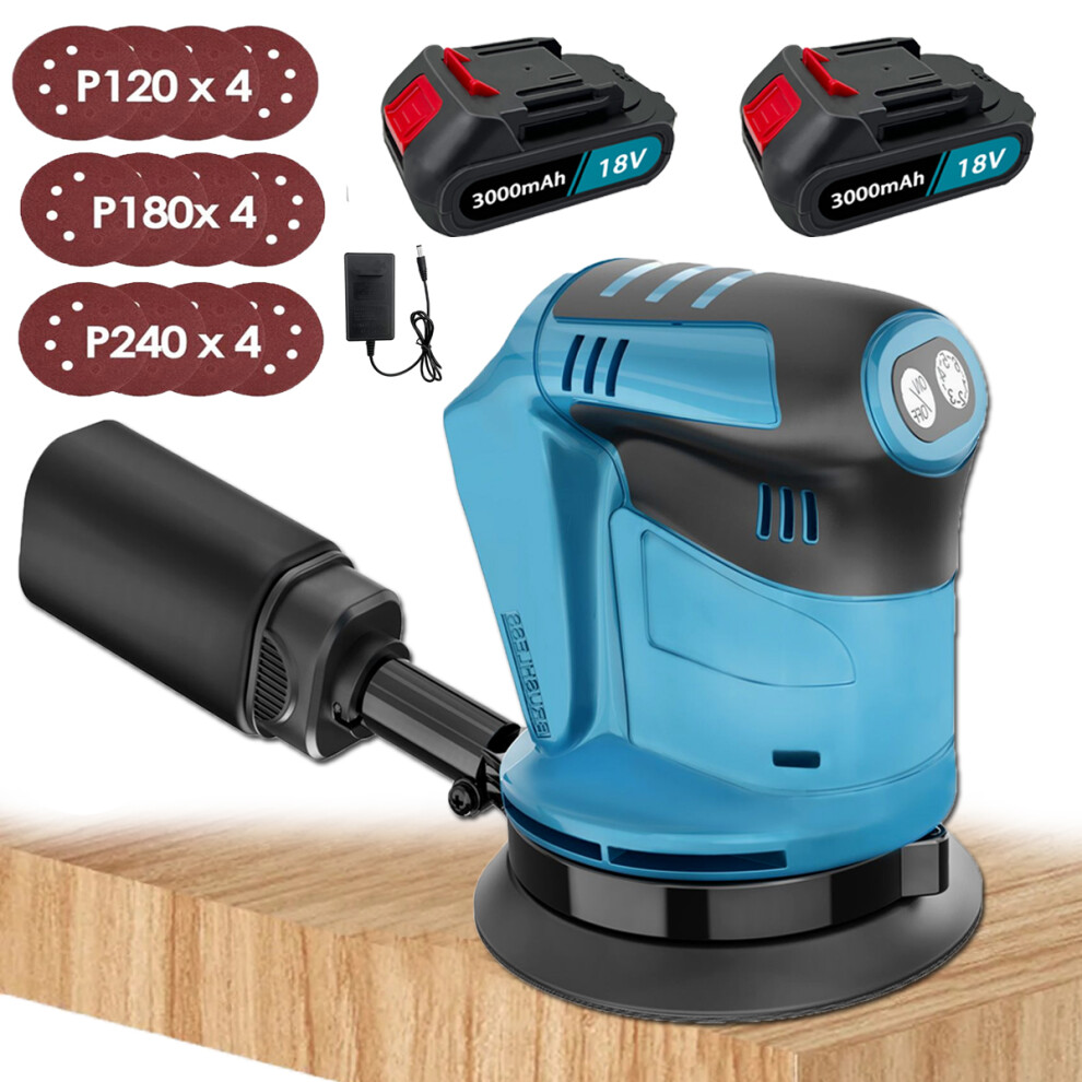 Cordless 125mm Orbital Sander+Dust Bag+12Discs+3.0A 2Battery+Charger-Makita Compatible