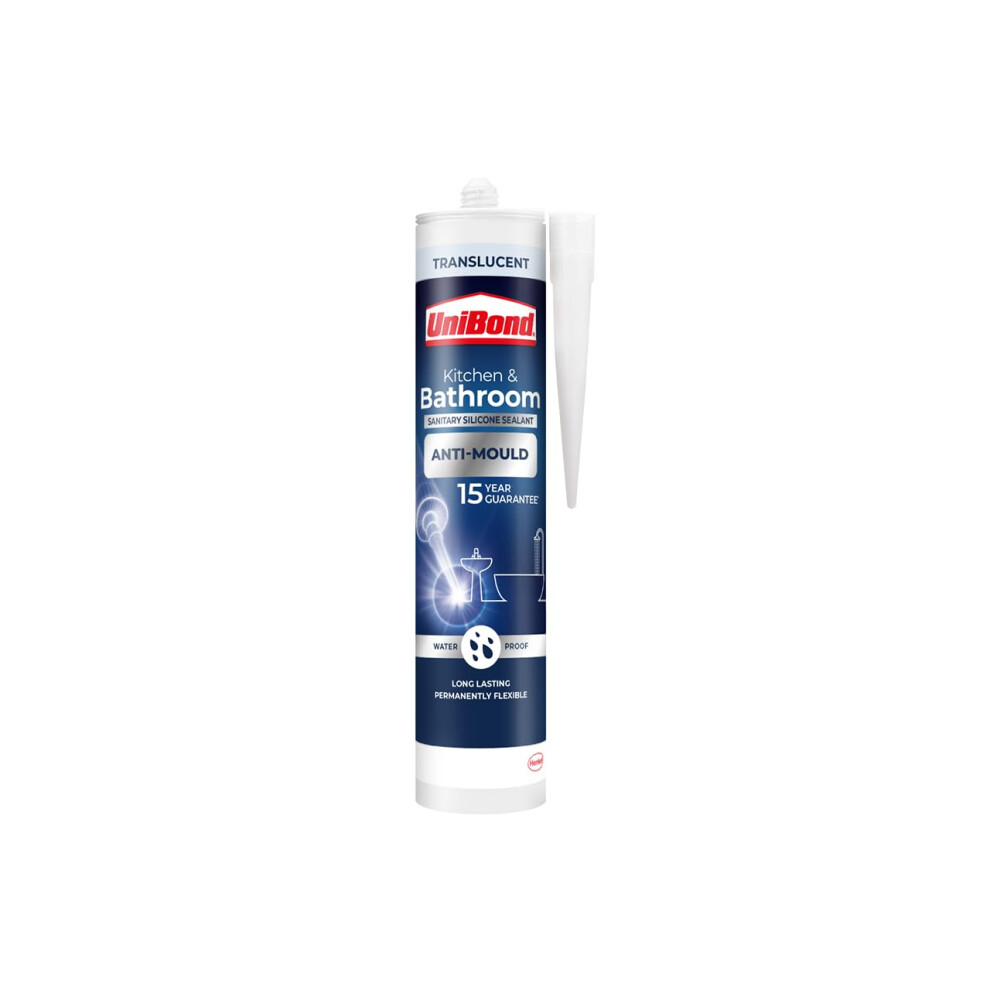UniBond Stop Silicone Sealant For Kitchen & Bathrooms, Translucent Sealant Repels, Kills and Growth, Long-Lasting Shower Sealant, 1x274g Cartridge