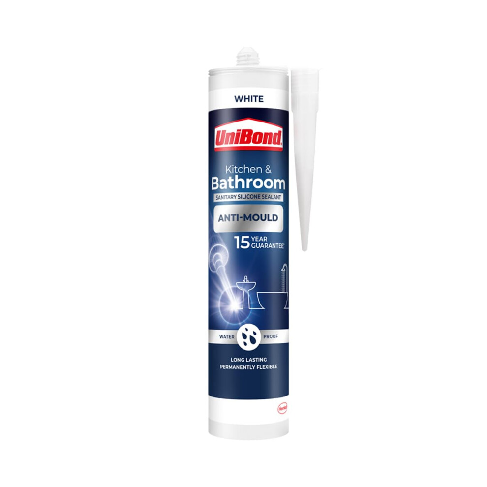 UniBond Anti-Mould White, Waterproof Mould Protection Kitchen & Bathroom Sealant, Long-lasting White Silicone Sealant, Sealant, 1 x 274g Cartridge