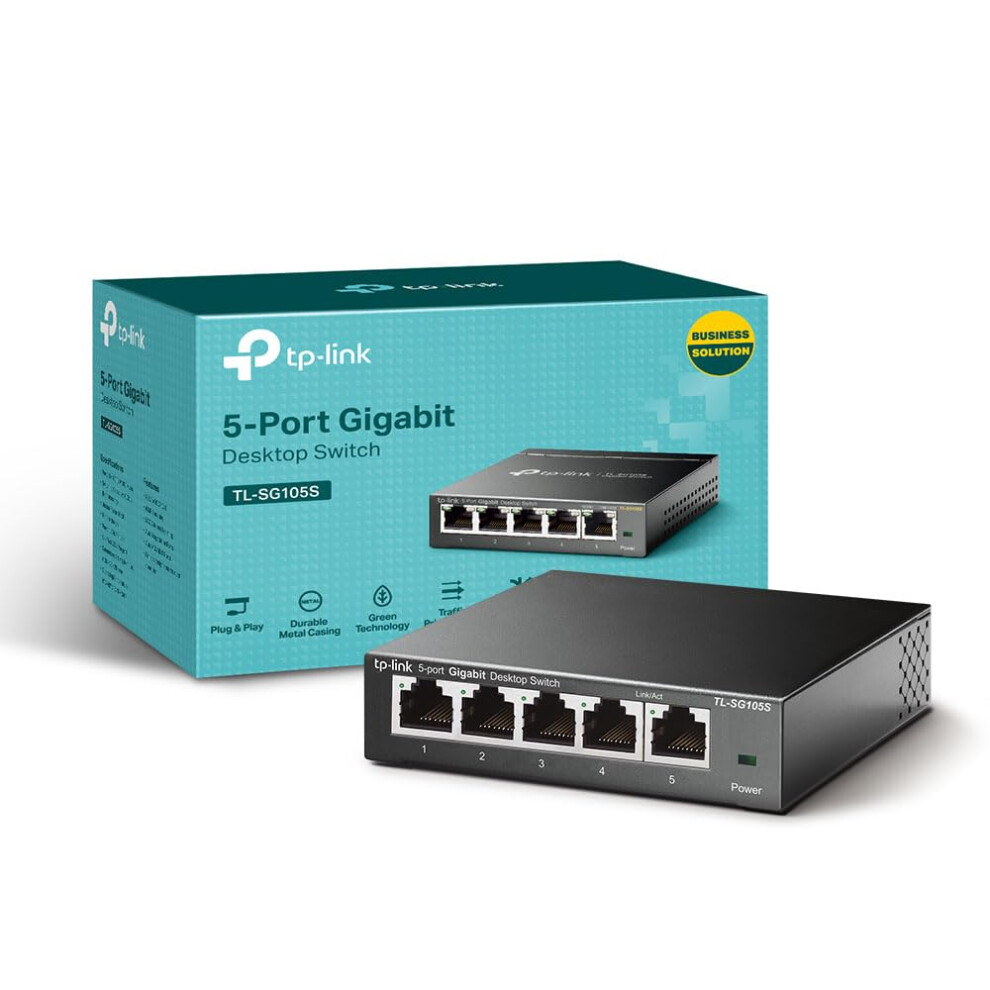 TP-Link TL-SG105S, 5 Port Gigabit Ethernet Network Switch, Ethernet Splitter, Hub, Desktop and Sturdy Metal, Fanless, Plug and Play, Energy-Saving