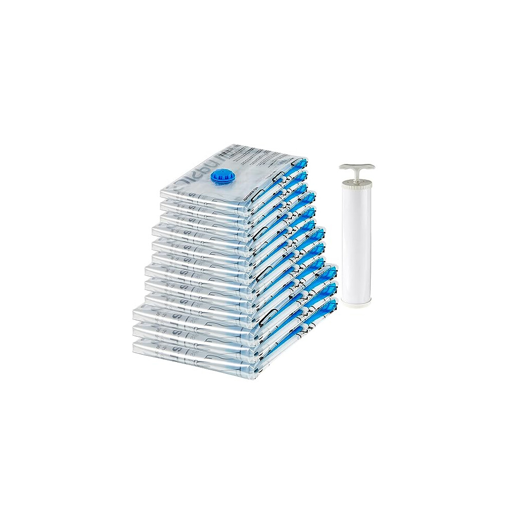 Amazon Basics Vacuum Compression Zipper Storage Bags with Airtight Valve and Hand Pump, 3x (Jumbo, Large, Medium, Small), 12-Pack, Multiple, Clear
