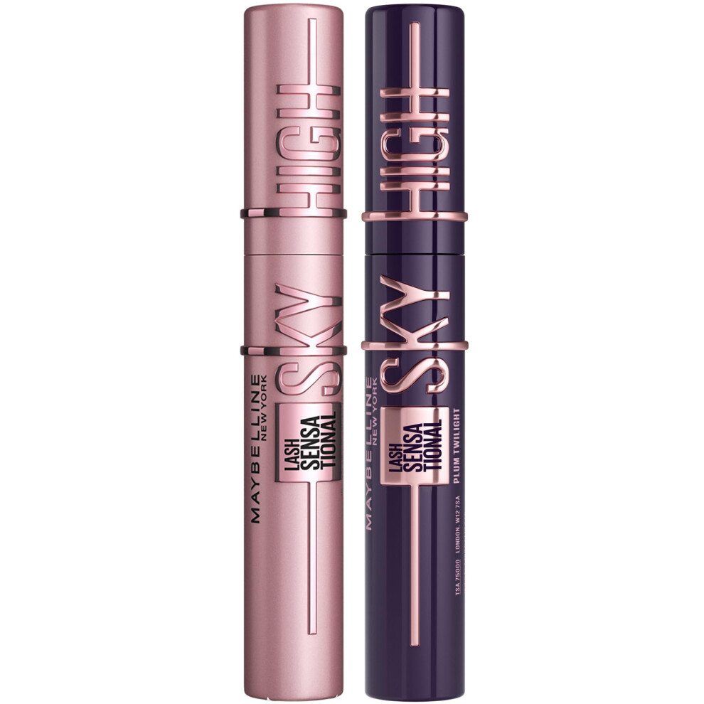 Maybelline New York Lash Sensational Sky High Mascara, Volumising & Lengthening Mascara, Washable Flake-Free Black + Plum Twilight (Duo Bundle)