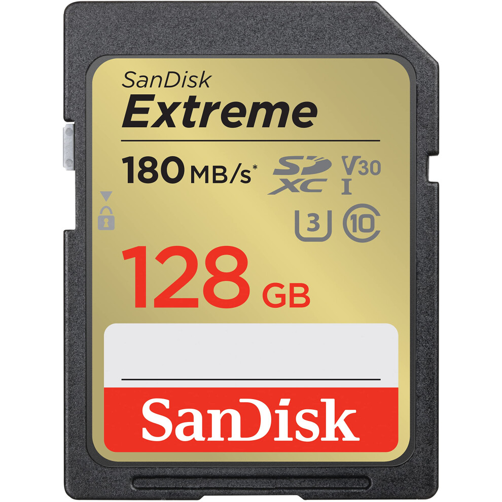 SanDisk 128GB Extreme SDXC card, SD card up to 180MB/s, V30 Memory card, UHS-I, Class, 10, U3, V30, RescuePro Deluxe data recovery software.