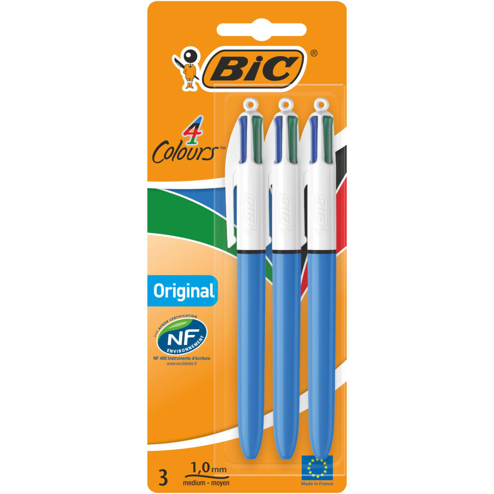 BIC 4 Colours Original Pens, Multi Coloured Pens All In One, Biro Pens, Medium 1.0mm, Green, Blue, Red, Black, 3 Pens Per Pack, 1 Pack