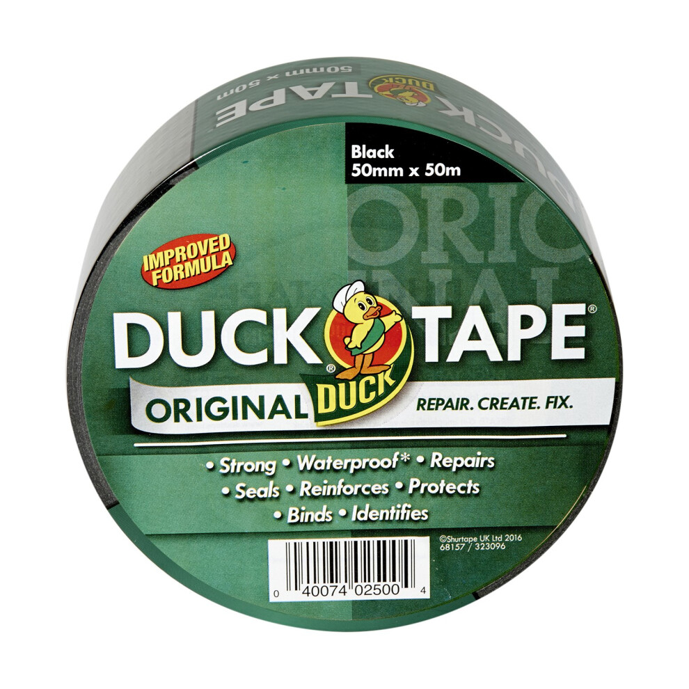 Duck Tape Duck Original Black 50Mm X 50M, Improved Formula High Strength Waterproof Gaffer And Duct Adhesive Cloth Repair Tape