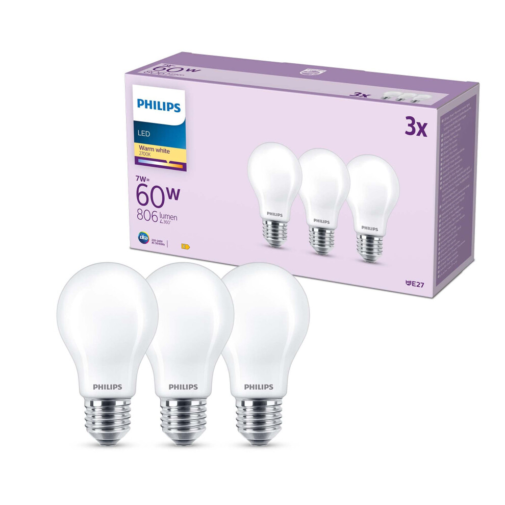 Philips LED Frosted A60 Light Bulb 3 Pack [Warm White 2700K - E27 Edison Screw] 60W, Non Dimmable. for Home Indoor Lighting-image-OPC-PGDT7YB-NEW