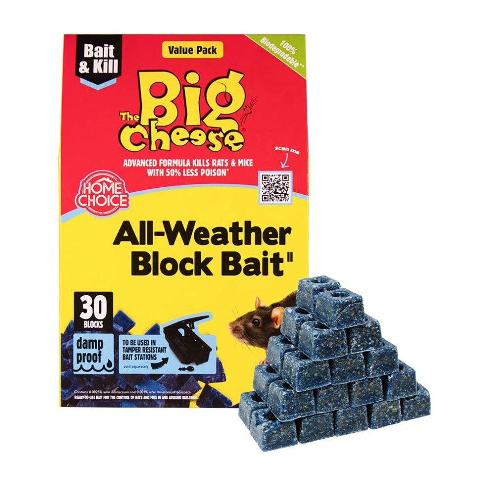 The Big Cheese All-Weather Block Bait - 10g x 30 Kills Mice and Rats Damp-Proof, Weather-Resistant, Blue Difenacoum-image-OPC-PGDT82J-NEW