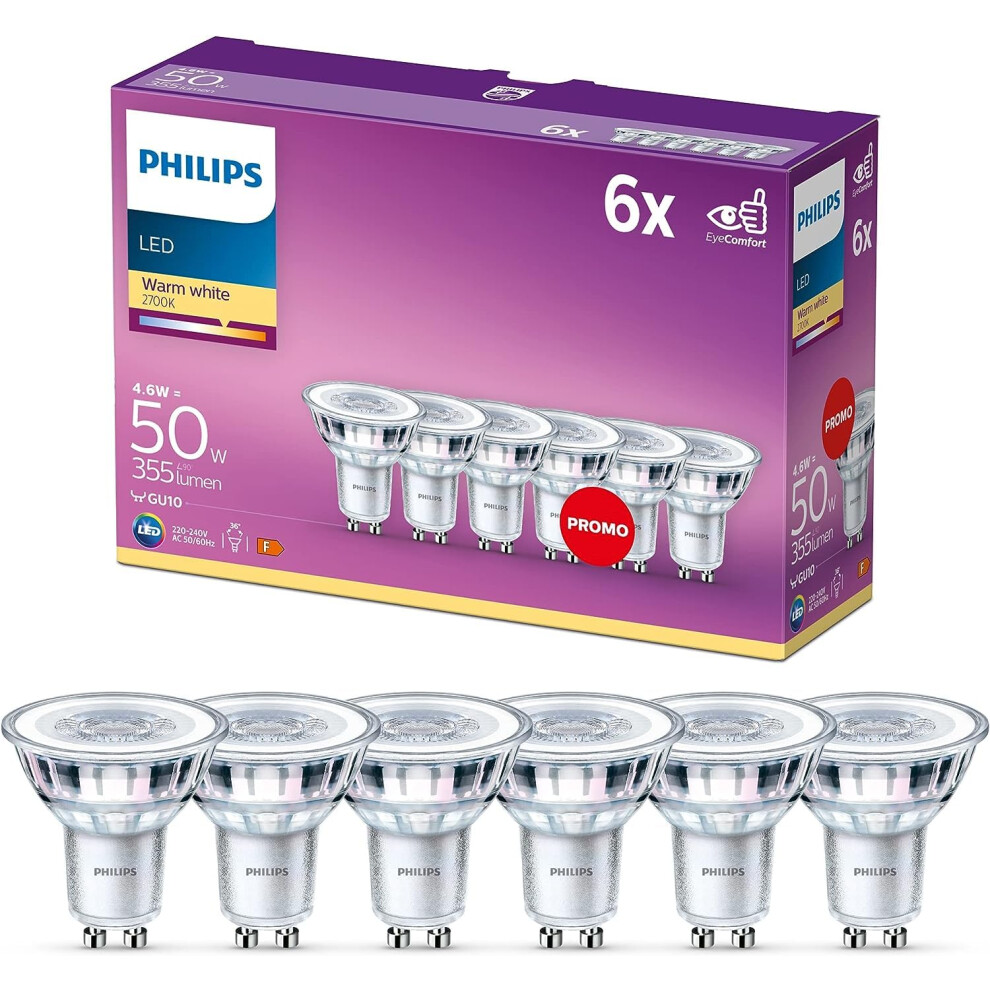 Philips LED Classic Light Bulb 6 Pack [GU10 Spot] 4.6 W - 50 W Equivalent, Warm White (2700K), Non Dimmable