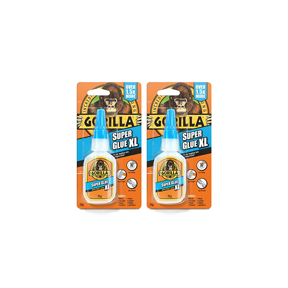 Gorilla Super Glue XL 25g (2 Pack)– All Purpose Adhesive, Fast Setting & Impact Tough with Anti-Clog Cap
