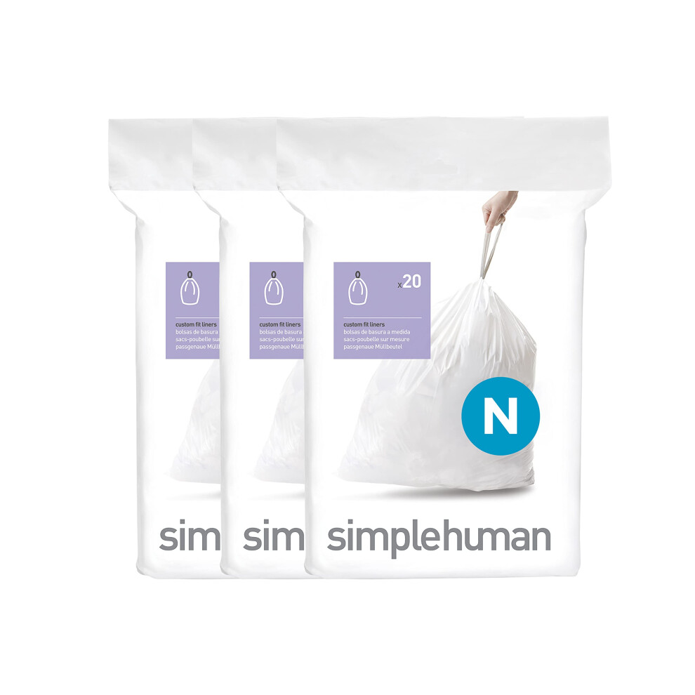 simplehuman CW0262 code N Custom Fit Bin Liner Bulk Pack, White Plastic (3 Pack of 20, Total 60 Liners)