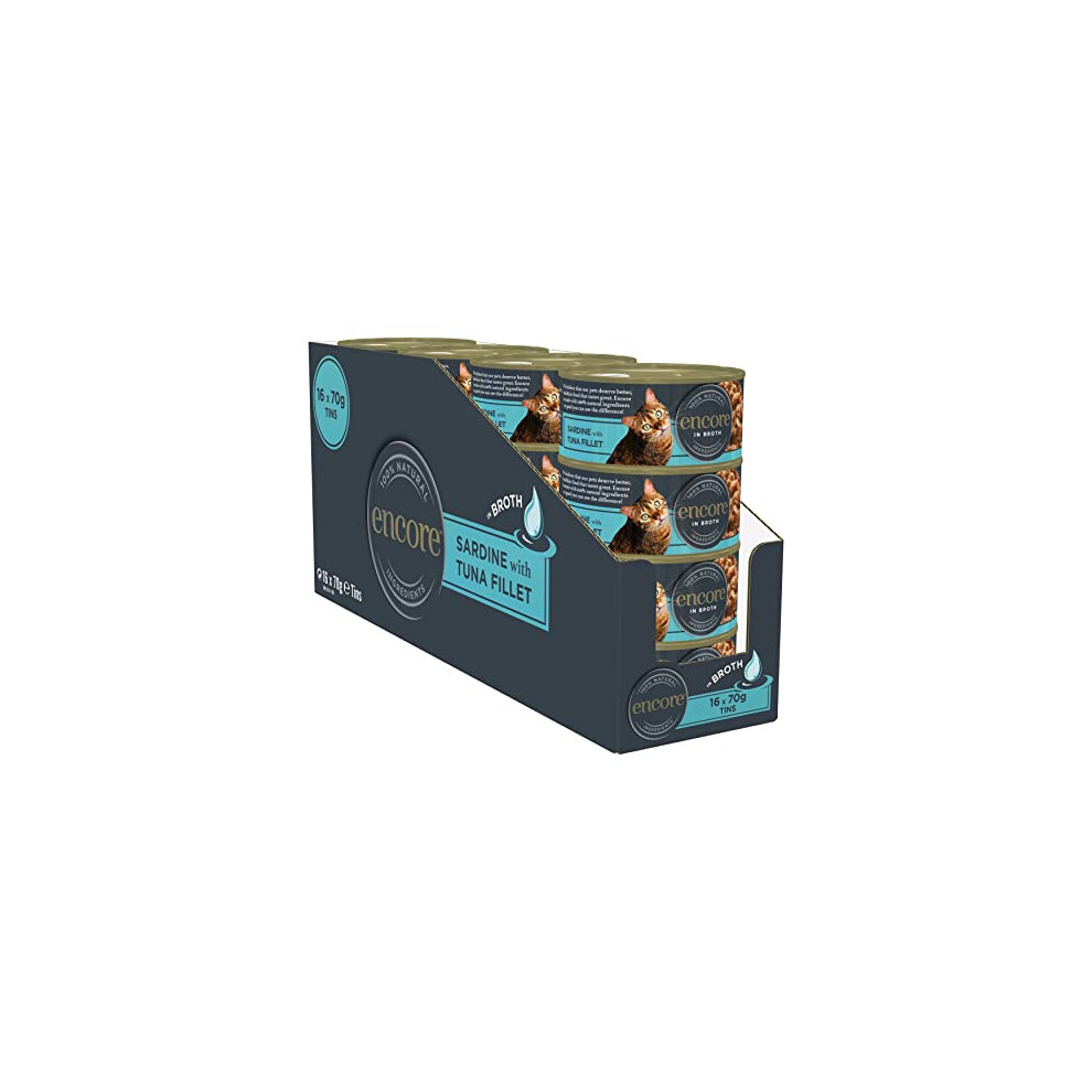 Encore 100 Percent Natural Wet Cat Food, Sardines With Tuna In Broth, 70G Tin (Pack Of 16 Tins)