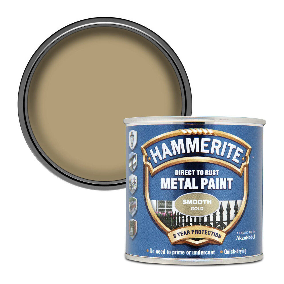 Hammerite 5084847 Direct to Rust Metal Paint - Smooth Gold Finish 250ML