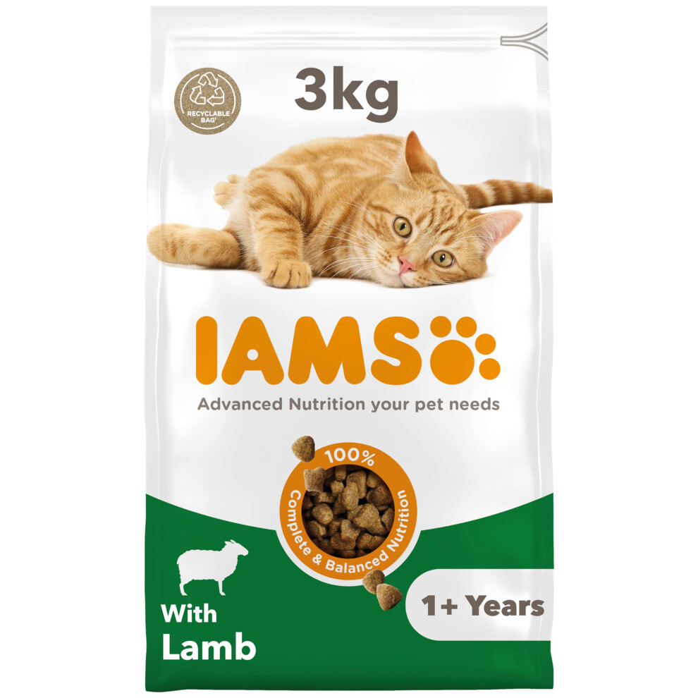 Iams Complete Dry Cat Food For Adult 1+ Cats With Lamb 3 Kg