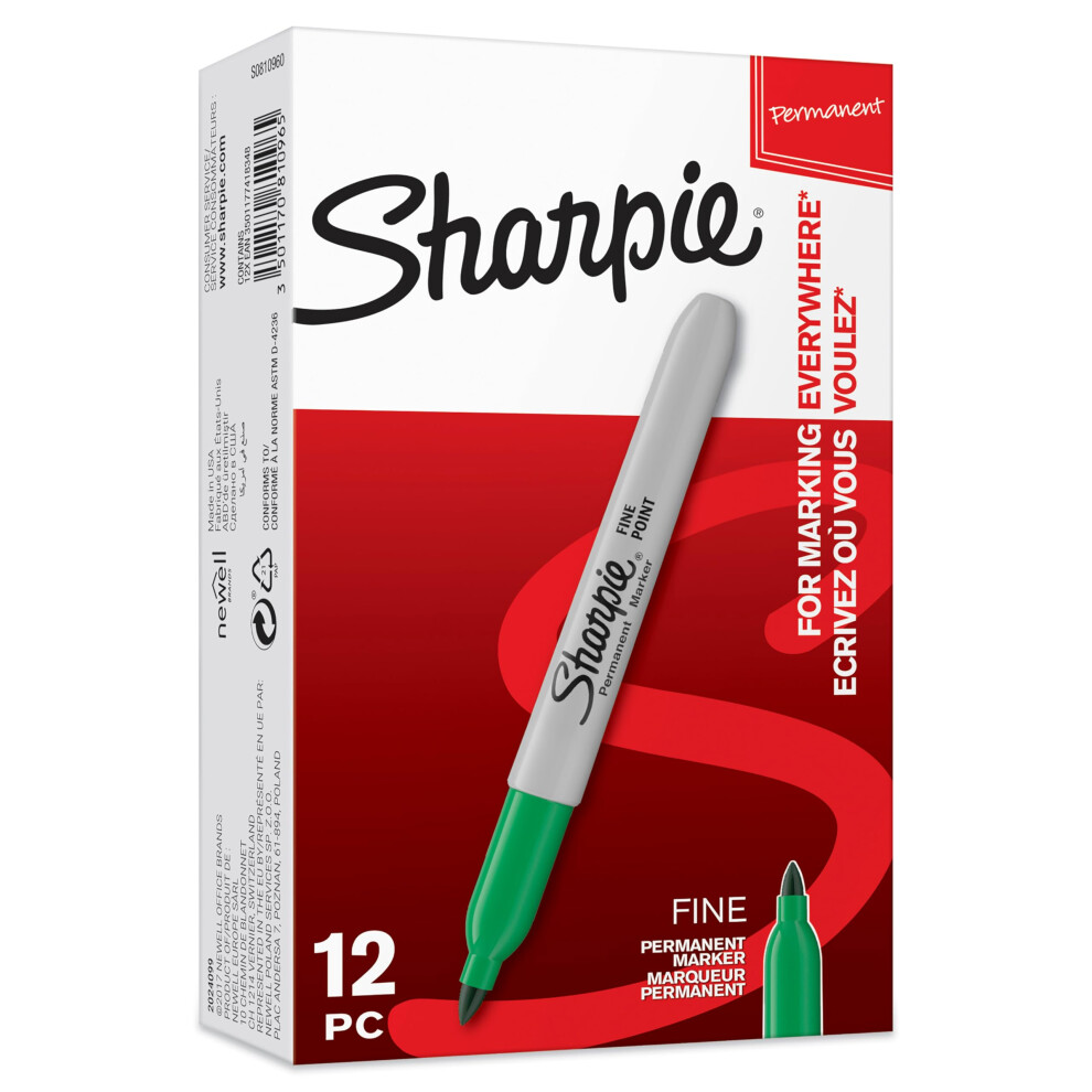Sharpie Permanent Markers, Fine Point, Green, 12 Count