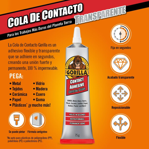 Gorilla Gorilla Clear Contact Adhesive 75g - Strong, Transparent Bond for Multiple Surfaces 2