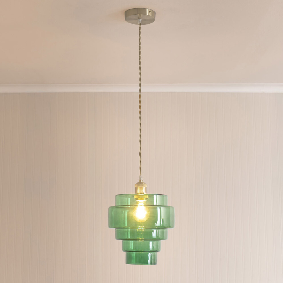 ValueLights Lane Green Glass 5 Tier Chrome Pendant Lamp Shade & Bulb