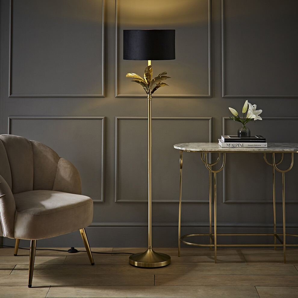 ValueLights Christina Black Velvet & Gold Shade Palm Leaf Floor Lamp