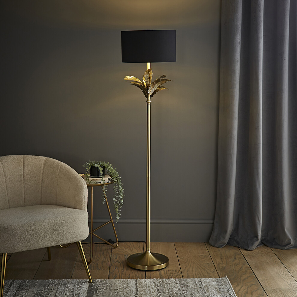 ValueLights Christina Black & Gold Drum Shade Gold Palm Leaf Floor Lamp