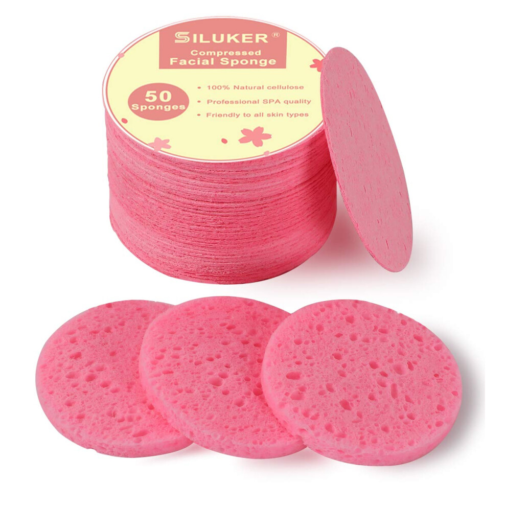 Siluker 50-Count Compressed Facial Sponges For Daily Cleansing And Gentle Exfoliating 100% Natural Cellulose Spa Sponge Perfect For Removing Dead Skin Dirt