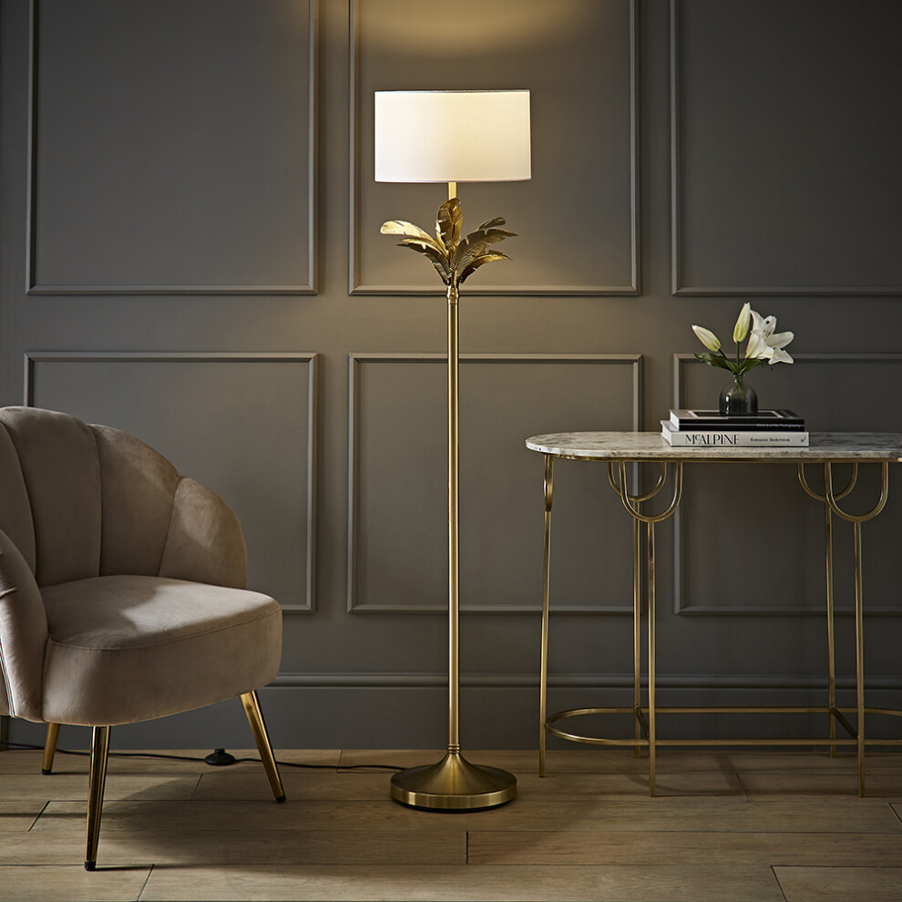 ValueLights Christina White Drum Shade Gold Palm Leaf Floor Lamp & Bulb