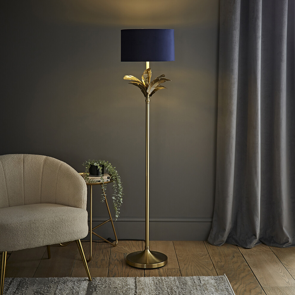 ValueLights Christina Navy Velvet & Gold Palm Leaf Floor Lamp & Bulb