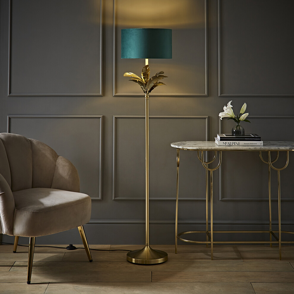 ValueLights Christina Green Velvet & Gold Palm Leaf Floor Lamp & Bulb