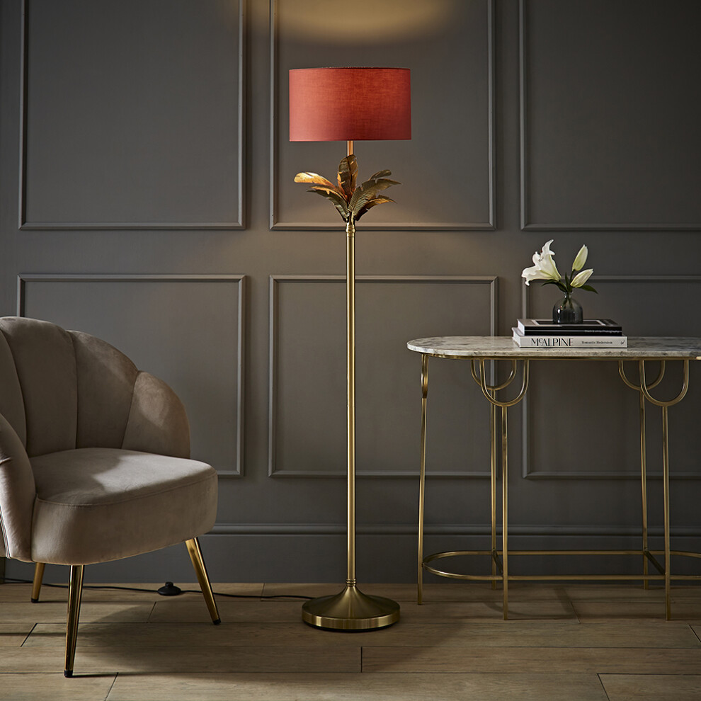 ValueLights Christina Rust Drum Shade Gold Palm Leaf Floor Lamp & Bulb