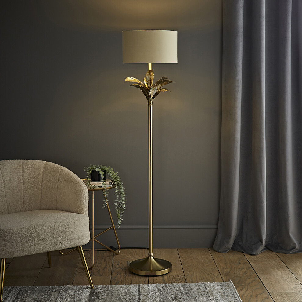 ValueLights Christina Beige & Gold Shade Gold Palm Leaf Floor Lamp & Bulb