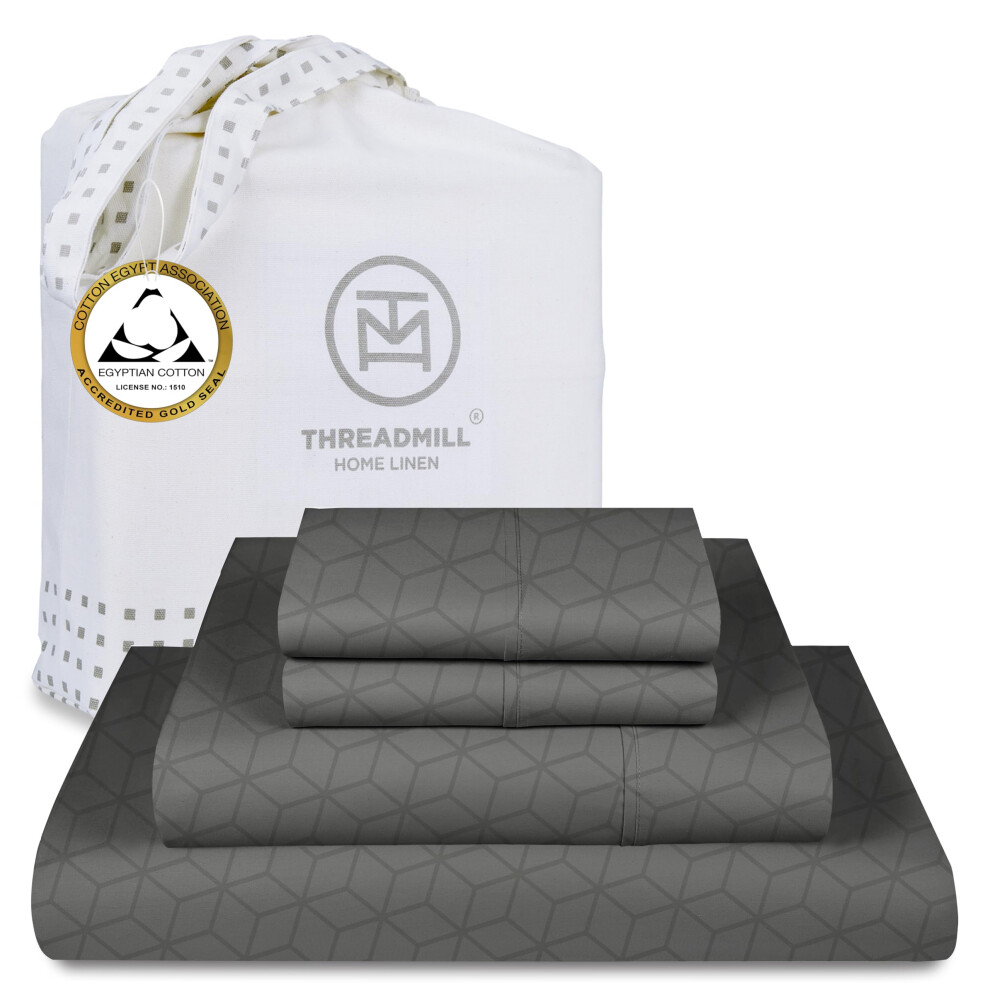 Parure de lit Threadmill Queen en coton égyptien 400 fils au pouce carré, drap-housse à poches profondes et rafraîchissant, jacquard damassé gris
