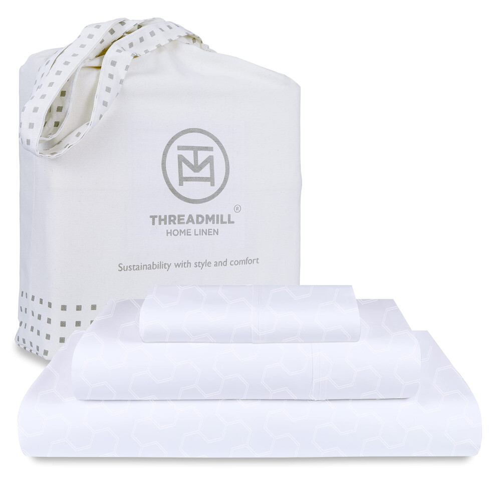 Threadmill 500 Thread Count Twin Size 3 Pc Luxury Cotton Bedding Set  Jacquard Floria Hotel White  Breathable Sheets with 15 Elasticized Deep Pocket-image-OPC-PFN9JNB-NEW