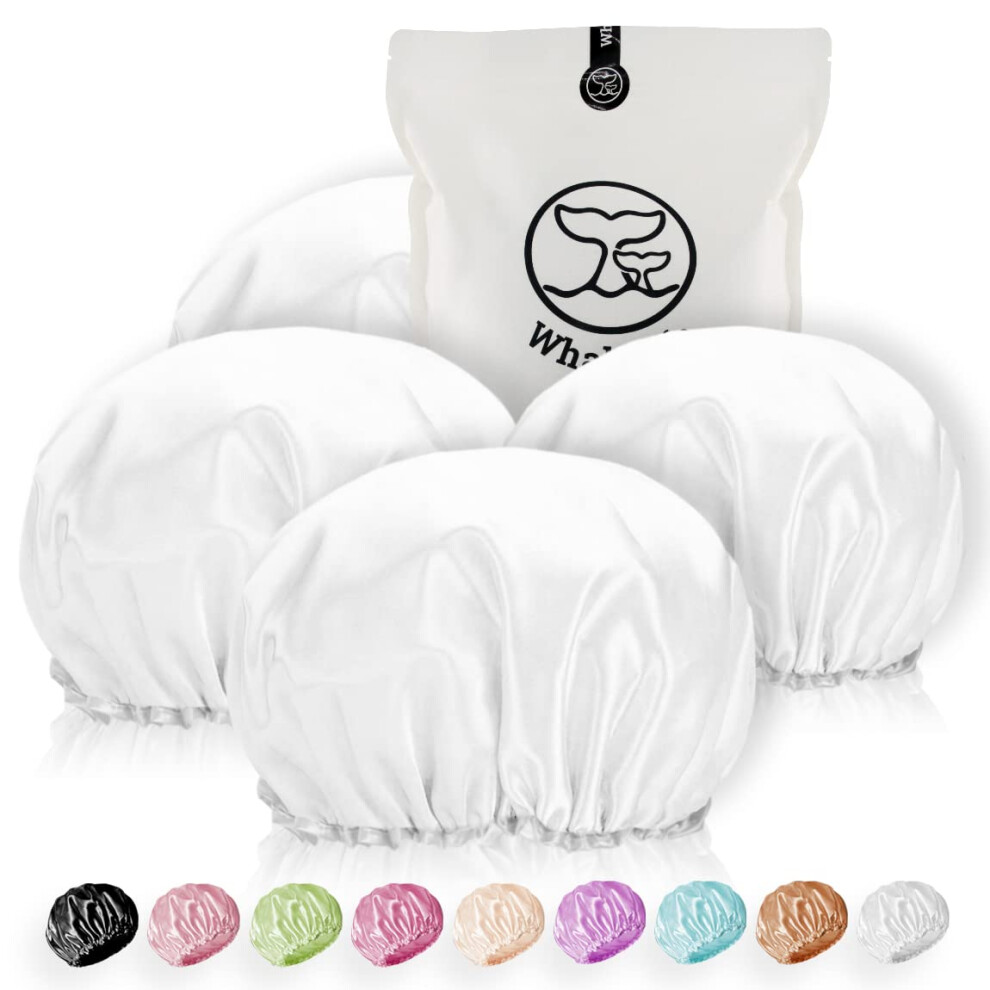 Whalelife White Shower Cap For Women Reusable Extra Large Shower Cap For Men 4 Pack Large Satin Double Layer Eva Waterproof Long Hair Cap