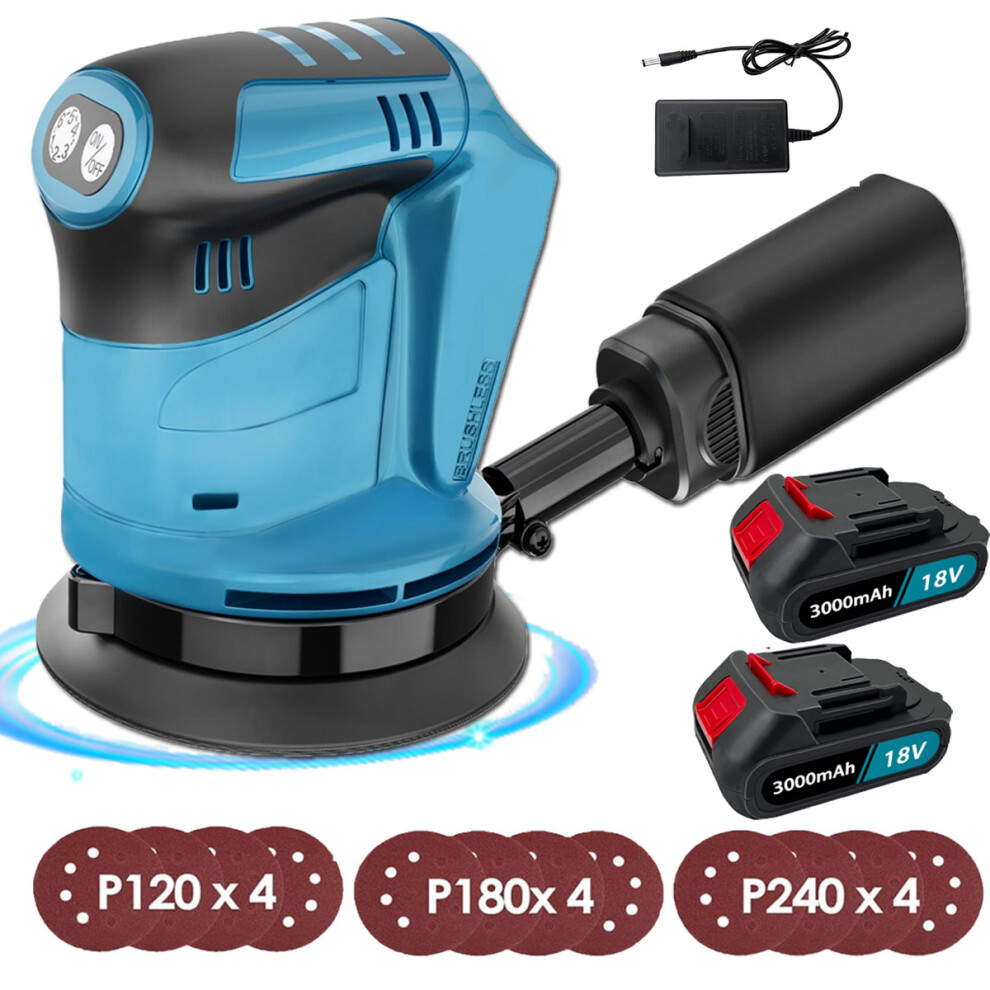 Cordless Orbital Sander Polisher+12Discs+2x 3.0A Battery+Charger-Makita Compatible