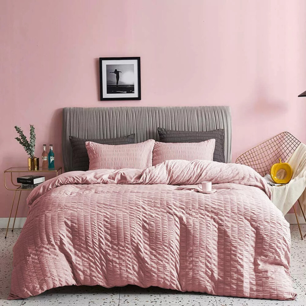 (King, Soft Pink) Seersucker Duvet Cover Set 100% Egyptian Cotton