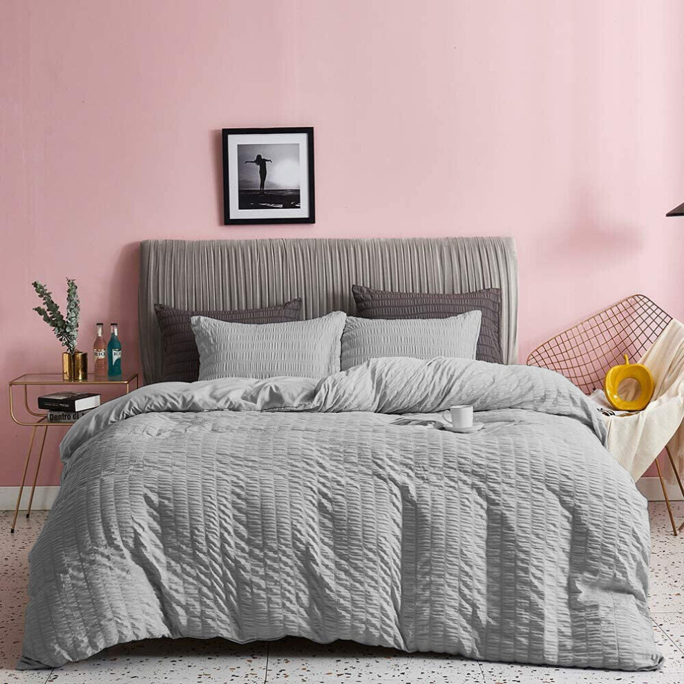 (King, Silver) Seersucker Duvet Cover Set 100% Egyptian Cotton