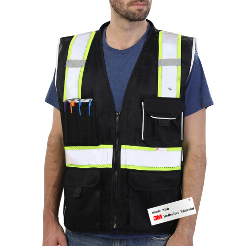 Γιλέκο Ασφαλείας Dib Reflective Μαύρο Δίχτυ, Υψηλής Ορατότητας με Τσέπες και Φερμουάρ