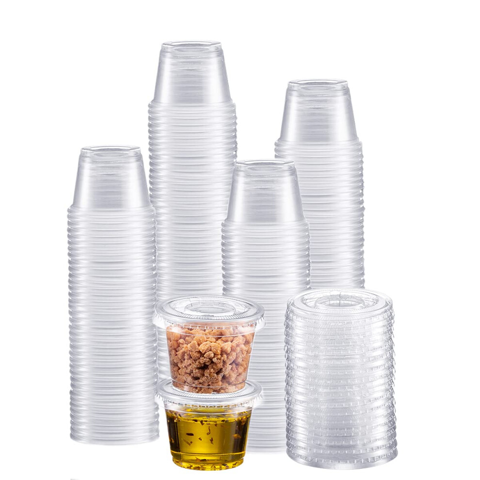 Zeml Portion cups with Lids 1 Ounces 200 Pack Disposable Plastic cups for Meal Prep Portion control Salad Dressing Jello Shots Slime Medicine