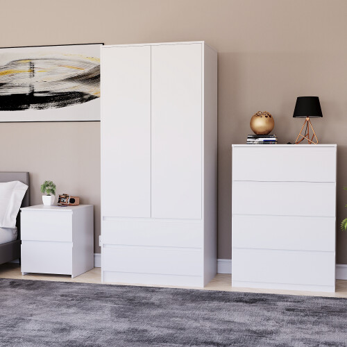Vida Designs (White) Denver 3 Piece Bedroom Set Chest Wardrobe Bedside