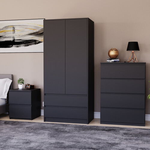 Vida Designs (Black) Denver 3 Piece Bedroom Set Chest Wardrobe Bedside