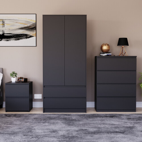Vida Designs (Black) Denver 3 Piece Bedroom Set Chest Wardrobe Bedside 2