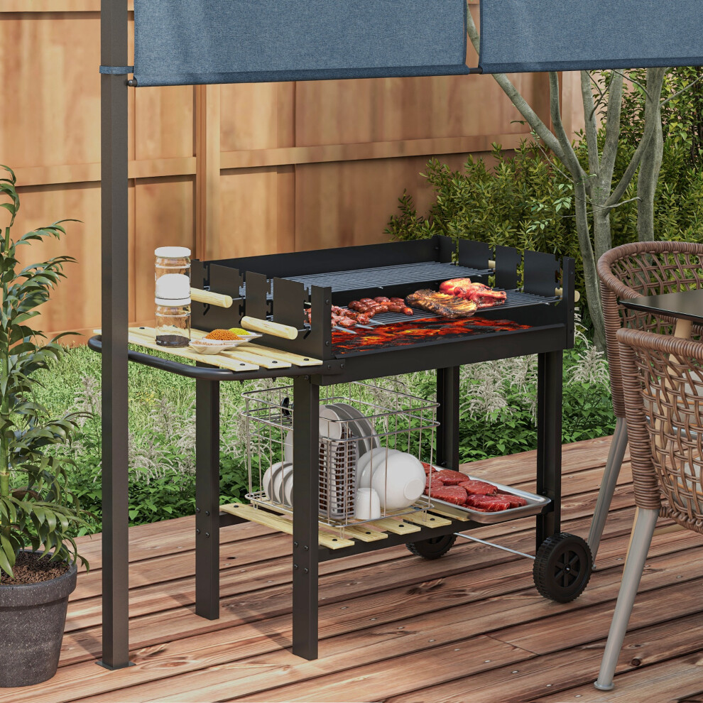 Outsunny Charcoal Bbq Grill With Side Table, Storage Shelf And Wheels