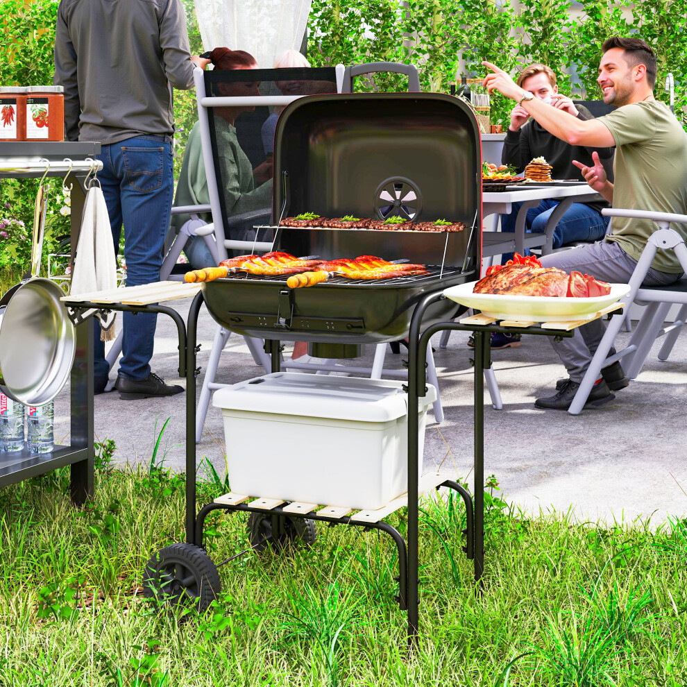 Outsunny Charcoal Barbecue Grill Portable Bbq With Lockable Lid, Vent, Red